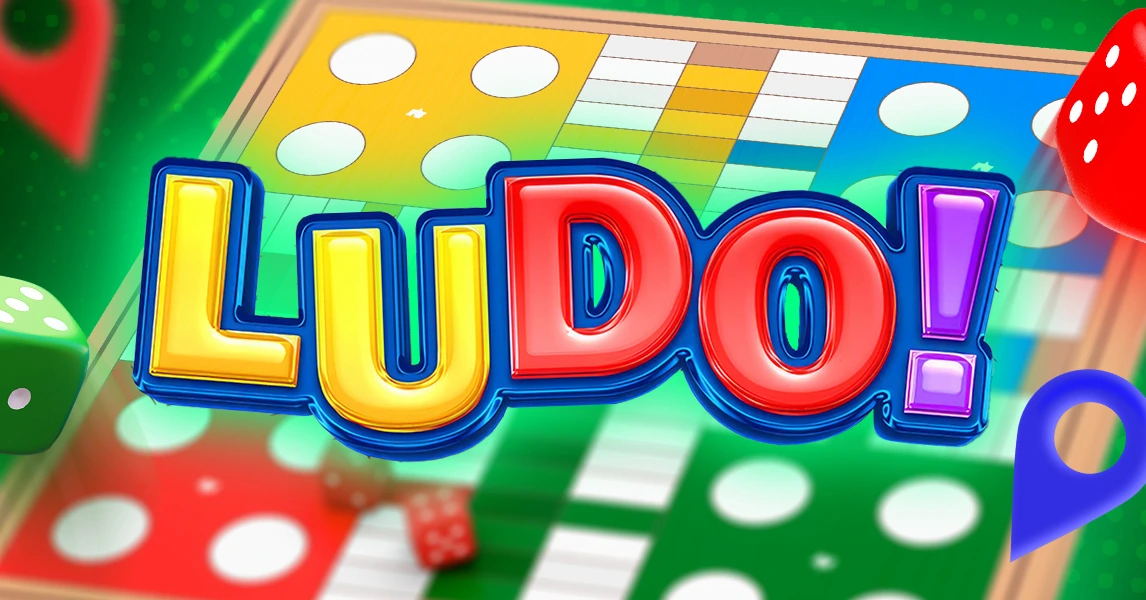Colorful banner for the Exscape's digital board game Ludo, featuring a classic game board, 3D dice, and bright game pieces.
