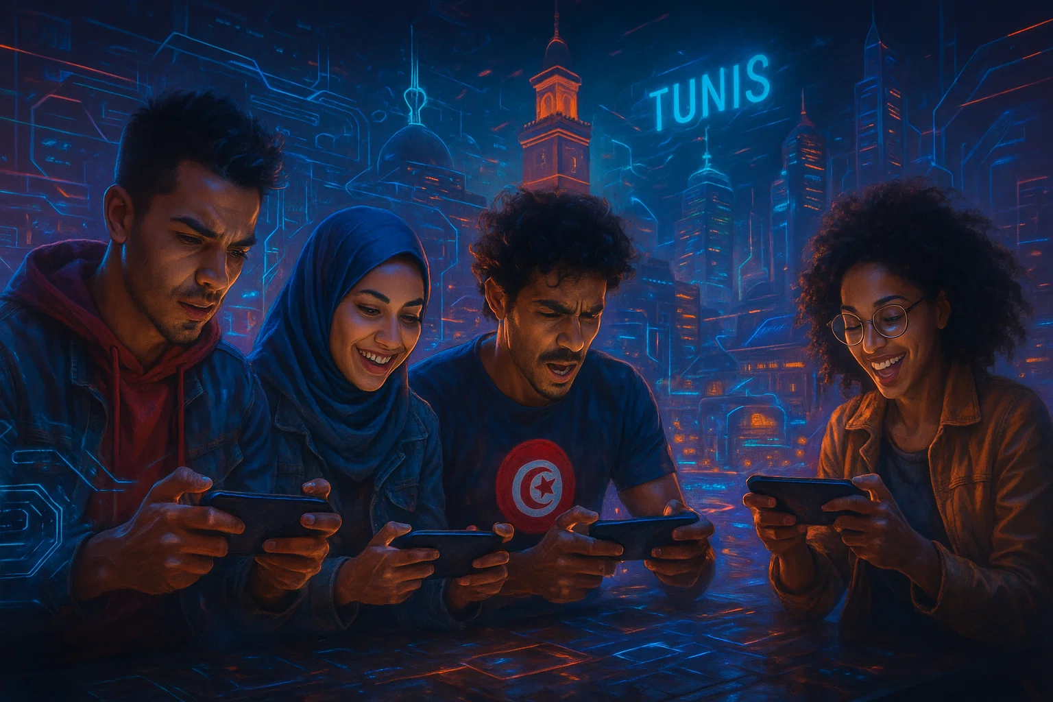 Young Tunisian gamers passionate about mobile gaming in 2025 with futuristic tech elements in Tunisia - Exscape.io