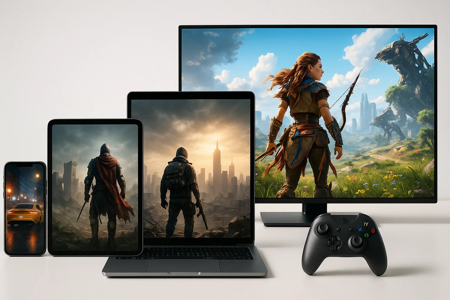Multiple devices like smartphone, tablet, laptop, and TV showcasing cloud gaming capabilities in 2025