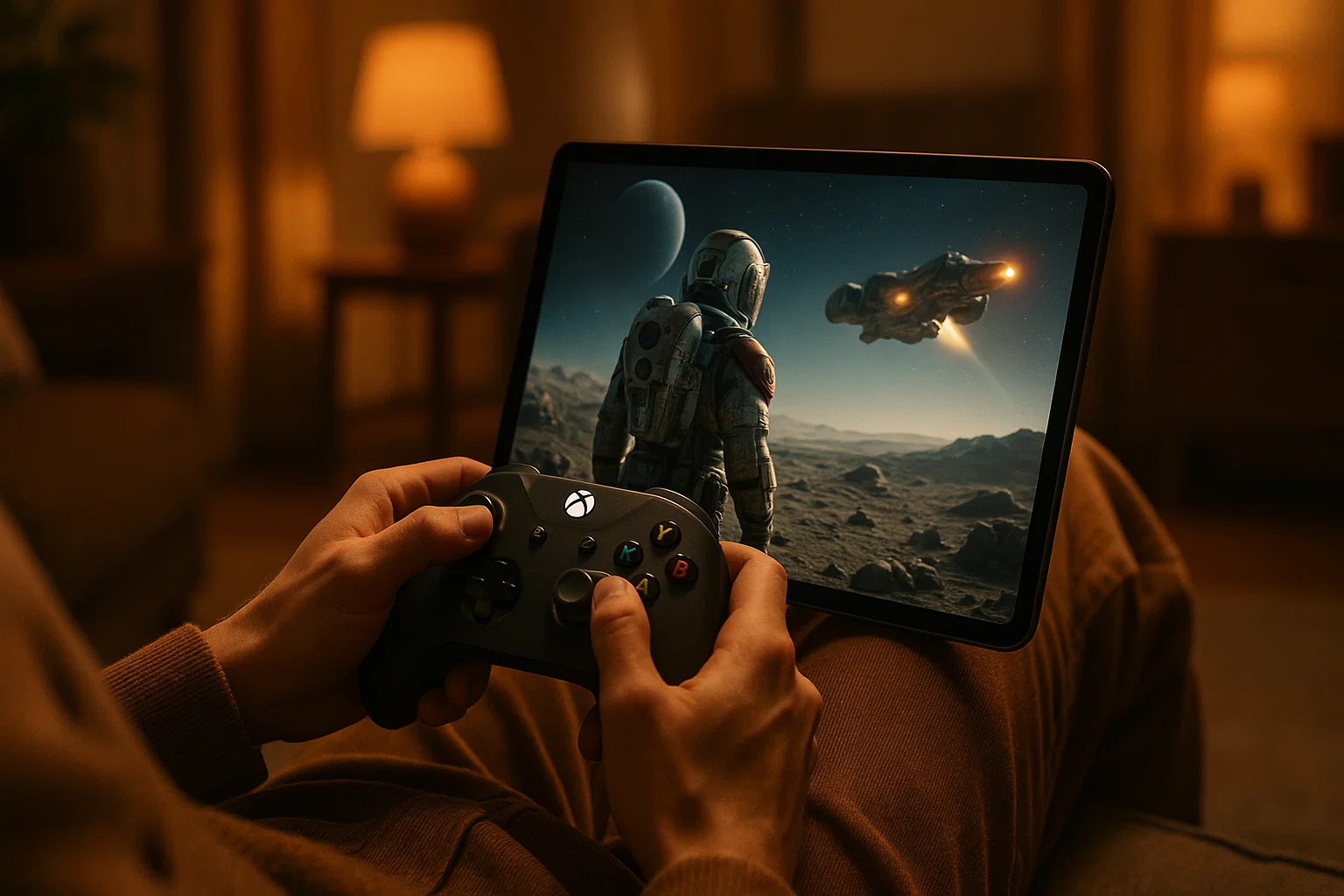 amer enjoying an Xbox Game Pass title on a tablet via Xbox Cloud Gaming in 2025
