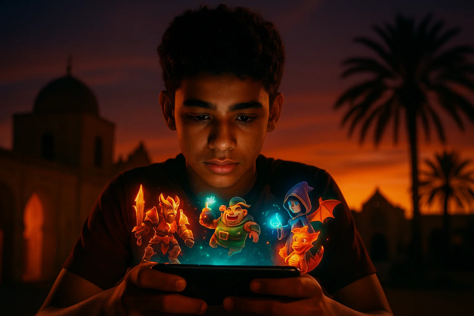 Tunisian mobile gamer experiencing immersive gaming with holographic game elements representing the country's top trending mobile games of 2025