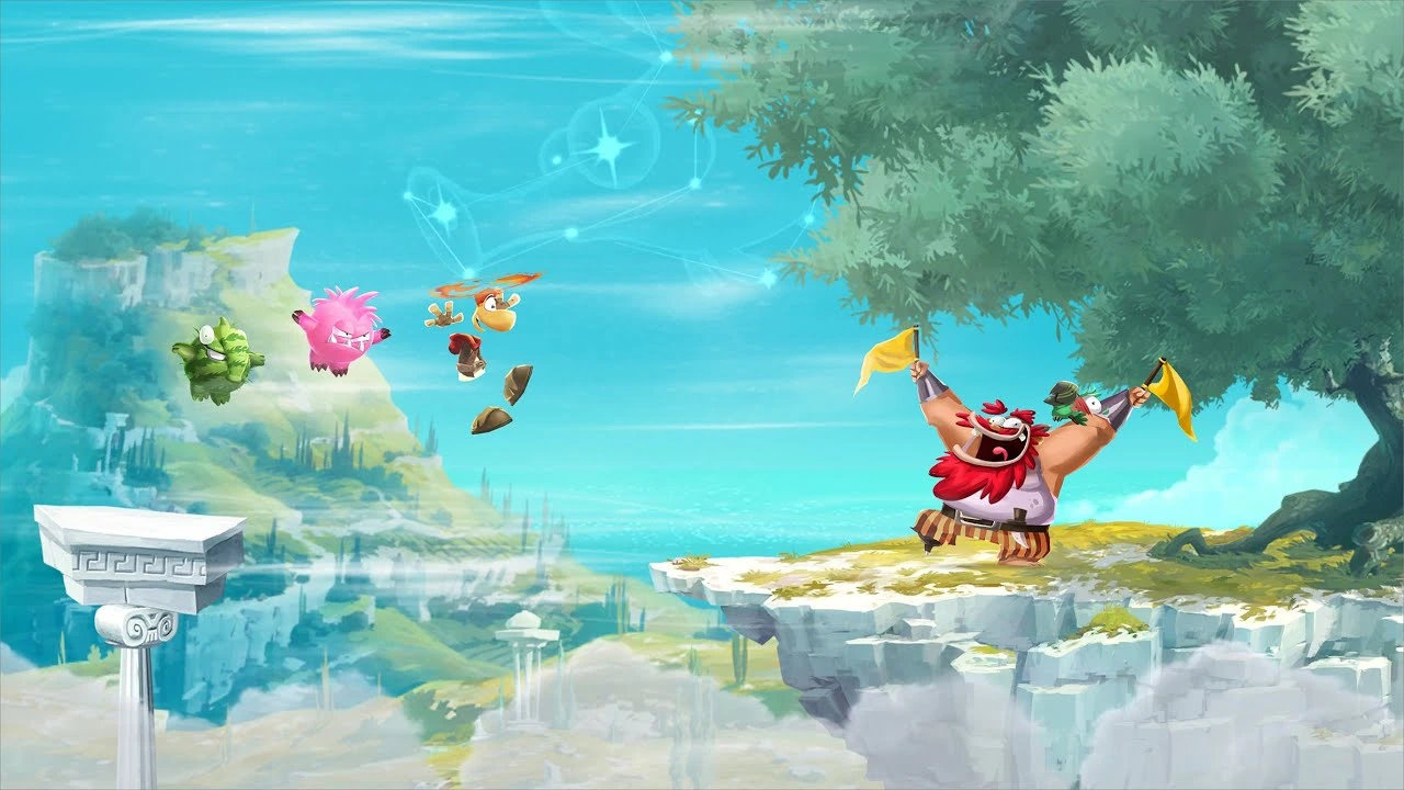 Rayman flying with companions in a vibrant fantasy landscape from Rayman Adventures, approaching a cheering Viking-like character on a cliff under a large tree.
