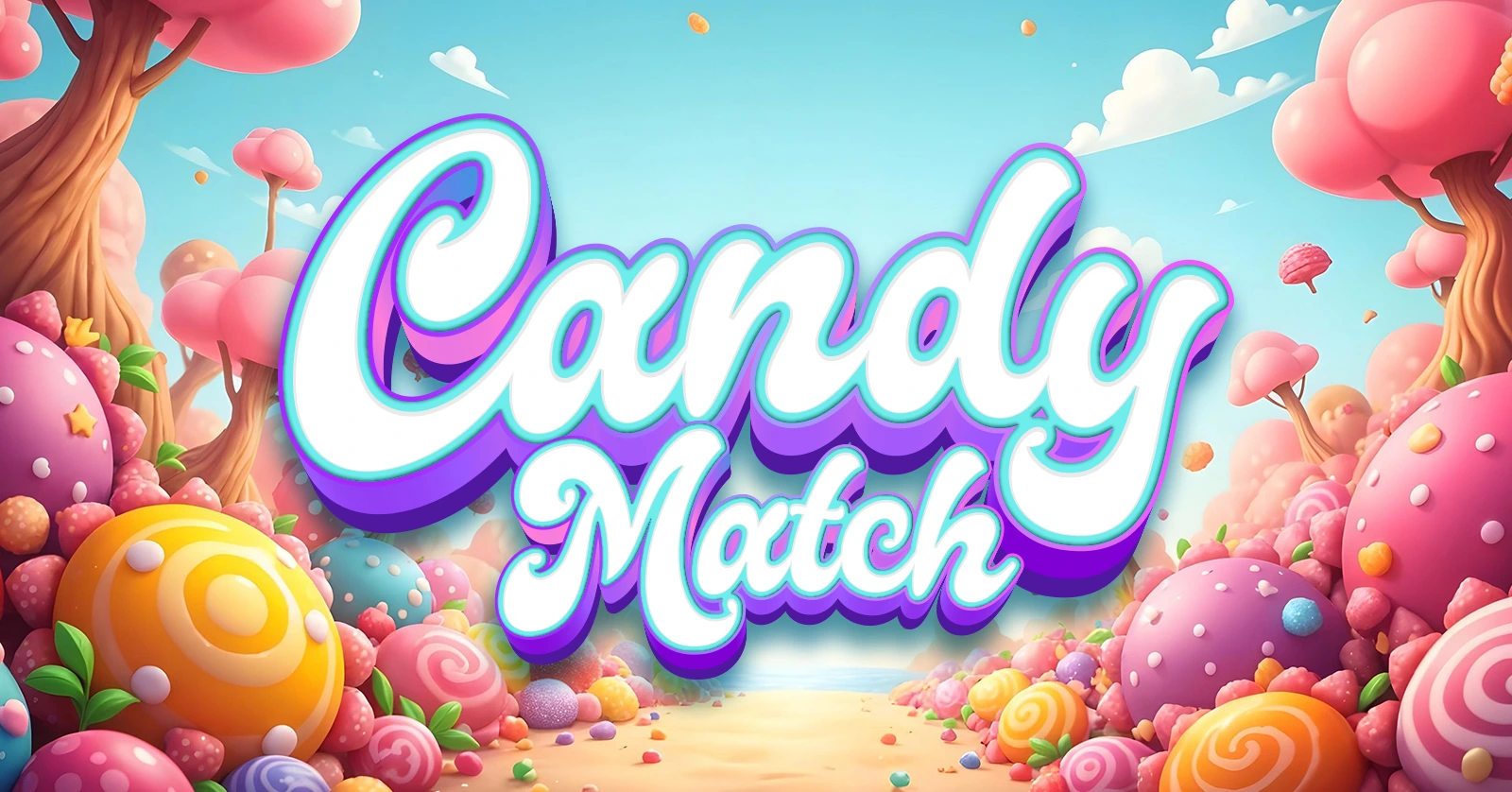 Candy Match mobile game by Exscape with colorful candy landscape and fantasy trees. A next-level alternative to Candy Crush for Kuwaiti gamers