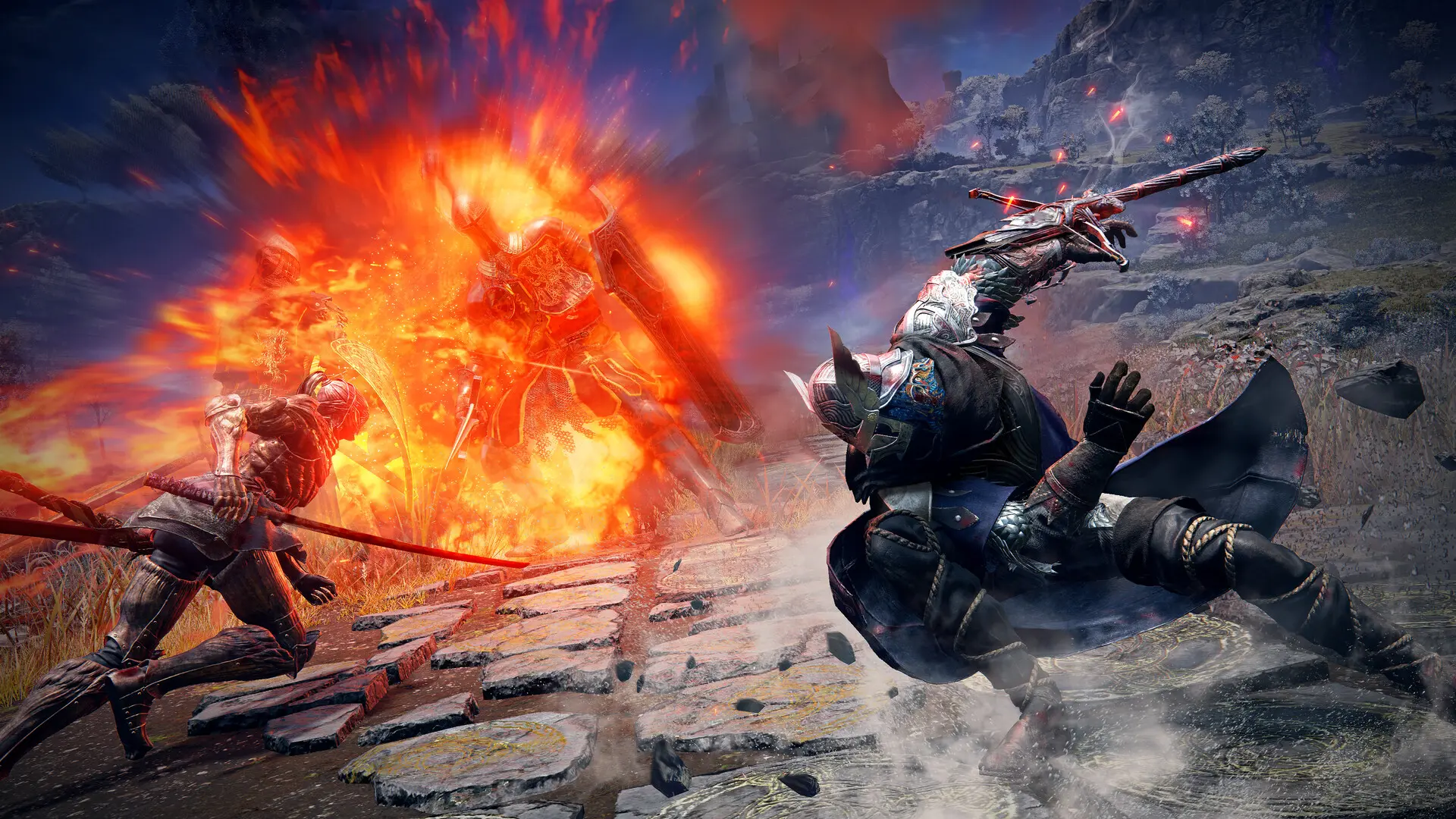  A picture of the game, Elden Right Nightreign, where the Nightfarer’s Executor and Wylder is fighting a knight. Wylder is using his Ultimate Art, Onslaught Stake, 