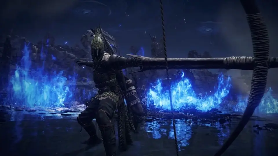 A picture containing the Nightfarer Ironeye from the game Elden Ring Nightreign, looking down on a castle located in the setting Limveld. 