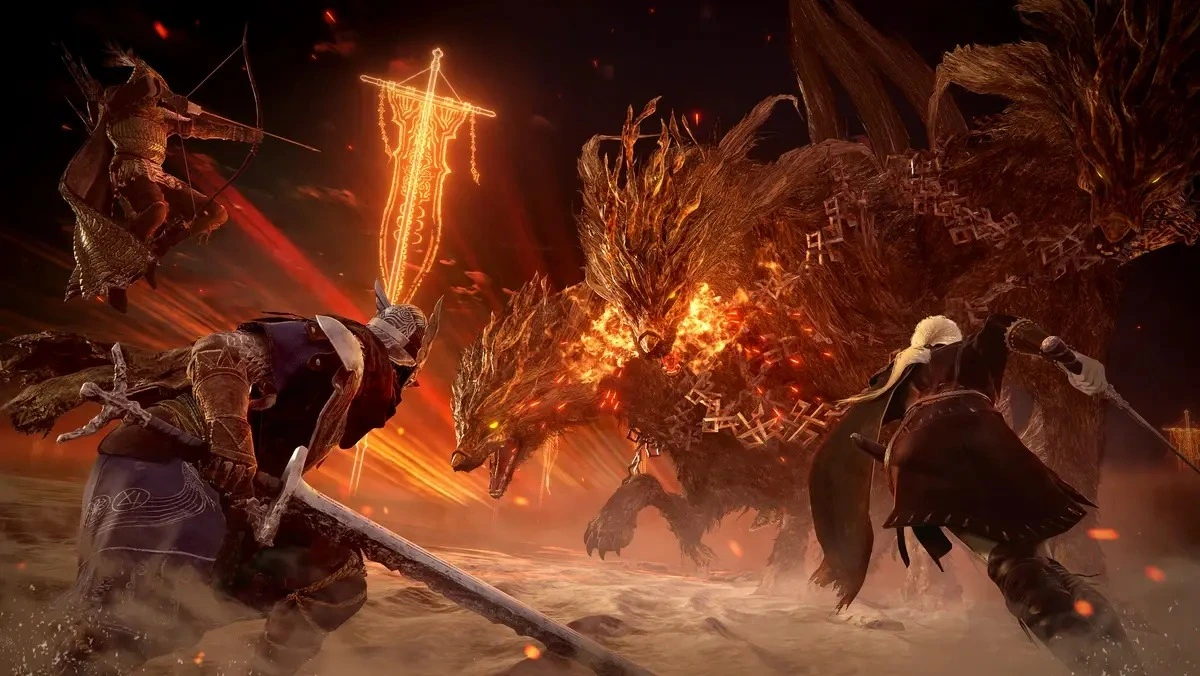 A picture of the game, Elden Right Nightreign, where the Nightfarer’s Executor and Wylder is fighting a knight. Wylder is using his Ultimate Art, Onslaught Stake