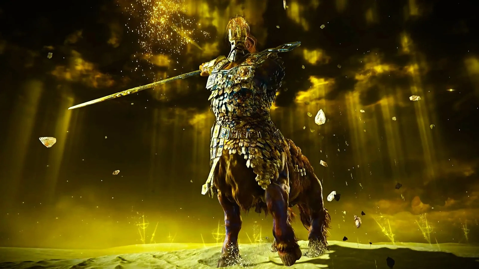 A picture of the game, Elden Right Nightreign, where the Nightfarer Wylder is holding the sword Bloodhound’s Fang is being carried by a spectral hawk to the world of Limveld. 