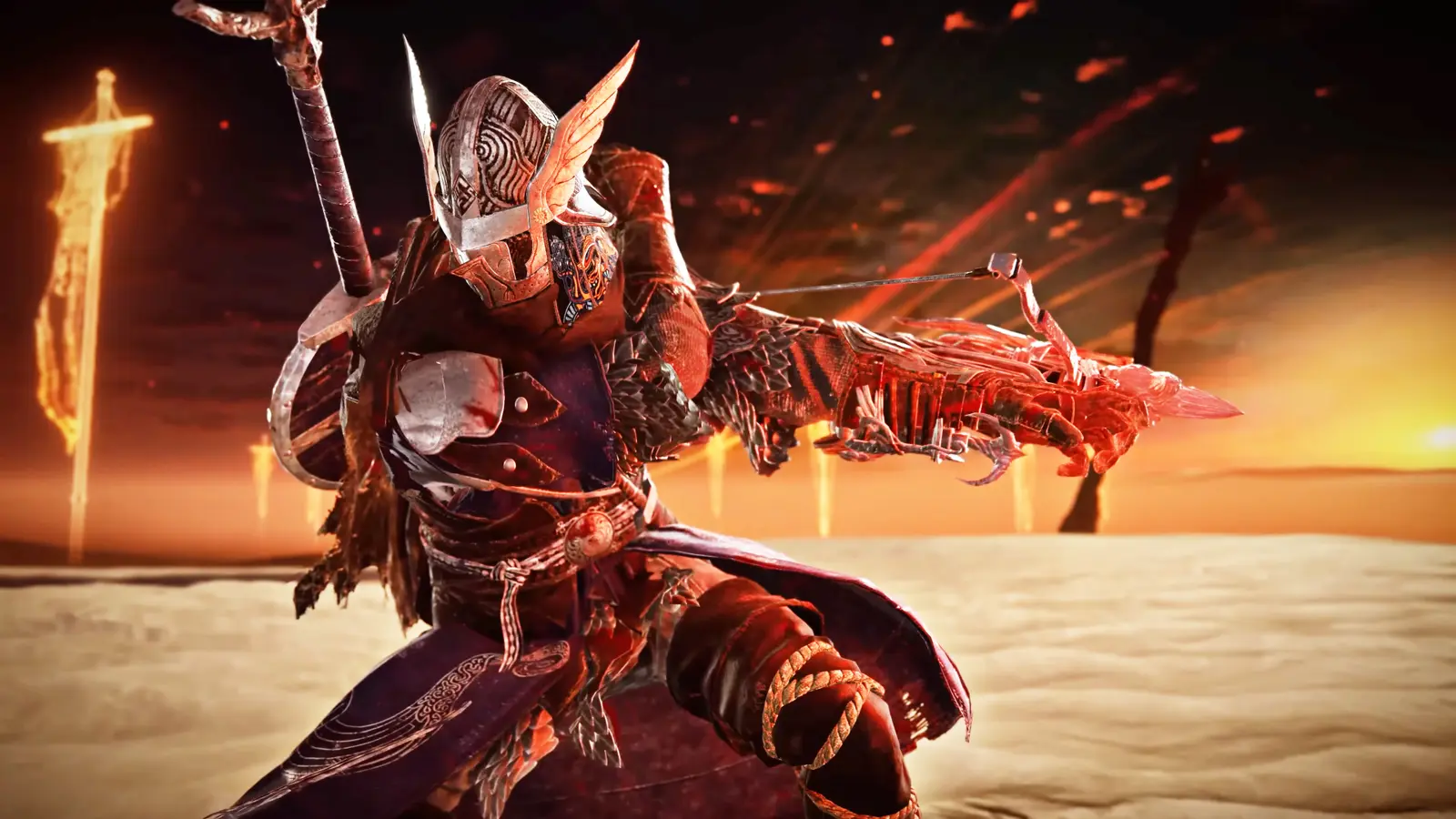 A picture containing the Nightfarer Wylder from the game Elden Ring Nightreign, using his Ultimate Art, Onslaught Stake. 