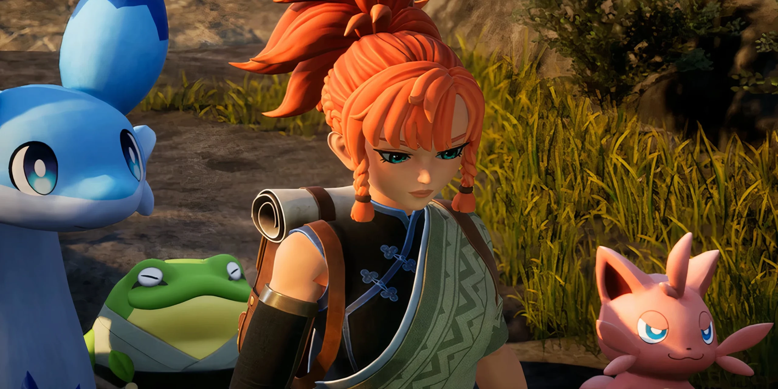 crossplay Palworld main character with three pals walking next to her 