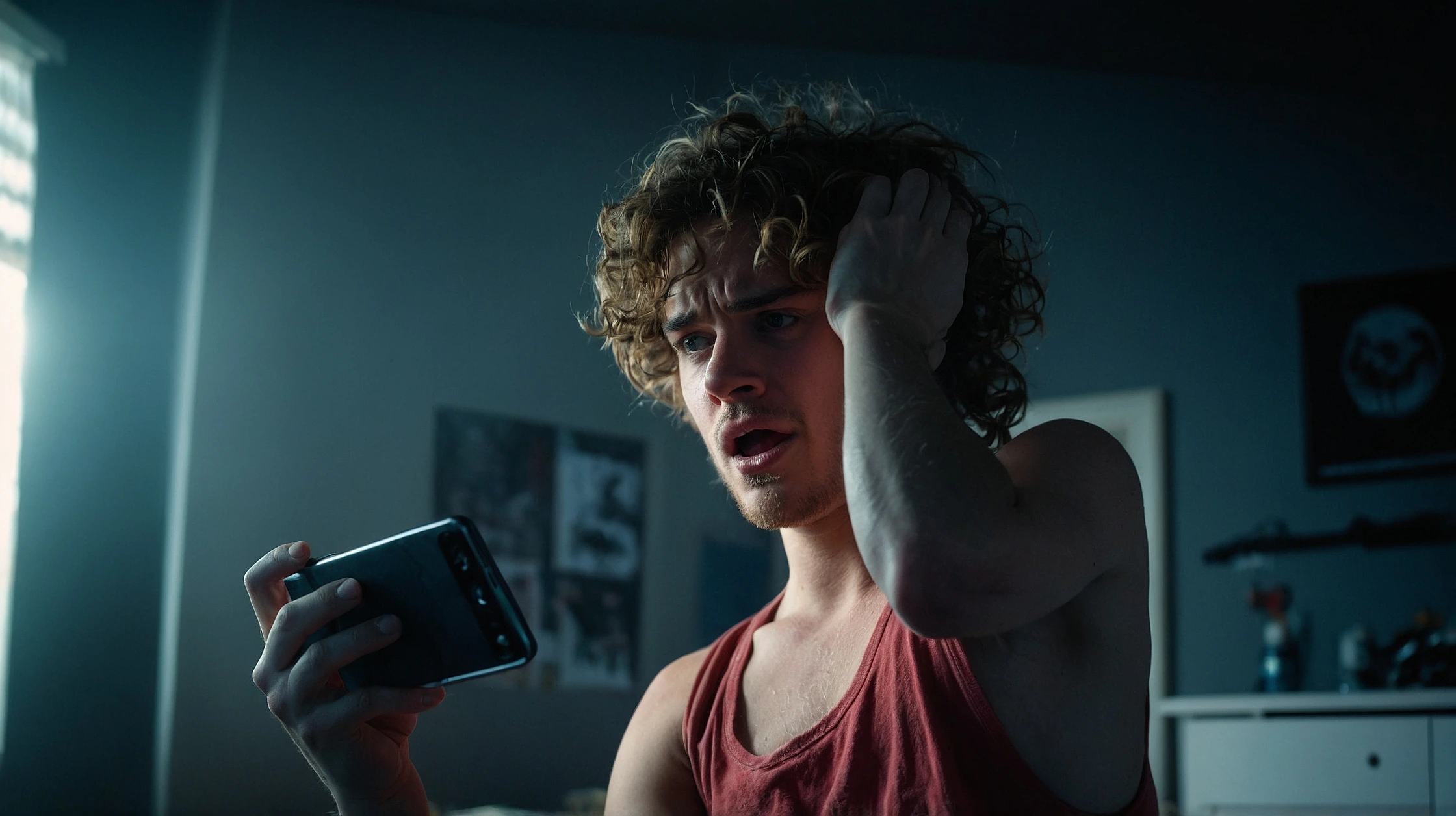 Struggling with lag while gaming on your phone? How to fix mobile lag fast with real tips for Android and iOS in 2025 A frustrated gamer holding a phone mid-game, cinematic lighting, dramatic shadows, intense facial expression, messy curly hair, wearing a white tank top and denim overalls, ambient indoor light bouncing off dark gray walls, high contrast color grading, shallow depth of field, soft light flare from the window, photo-realistic, 35mm film style, emotional tension, moment frozen in raw frustration