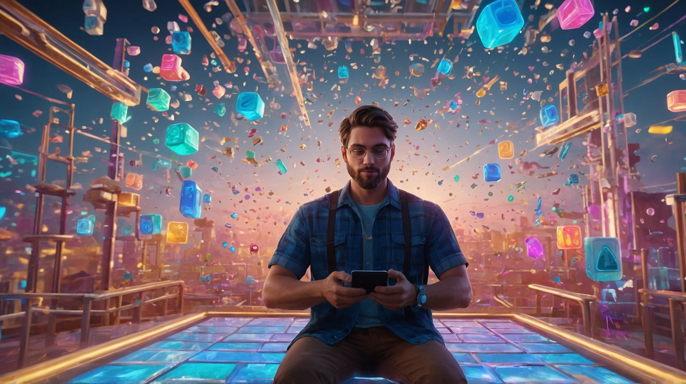 Cinematic blog banner image (1200x628) showing a photorealistic person sitting or standing in soft natural lighting, holding a smartphone with both hands, gazing at the screen with a mix of wonder and focus. From the phone, a vivid dream world of hyper-casual games flows outward—floating cartoon-style blocks, racing characters, bouncing coins, sparkly emojis, candy-colored puzzle pieces, and flying avatars. The dream world blends into the background, forming a soft, surreal environment around the human. Use a shallow depth of field effect to keep the person sharp and detailed, while the surrounding game elements glow with motion and color. Include subtle, whimsical AI accents like floating mini-robots, soft light trails, or abstract circuit lines fading into the pastel sky. Overall tone should feel magical, cinematic, and playful, with bright highlights and soft lens flares. Leave clean space on one side for blog title overlay. Discover the top hyper-casual mobile games of 2025, plus the trends and tech shaping fast, seamless play this year.