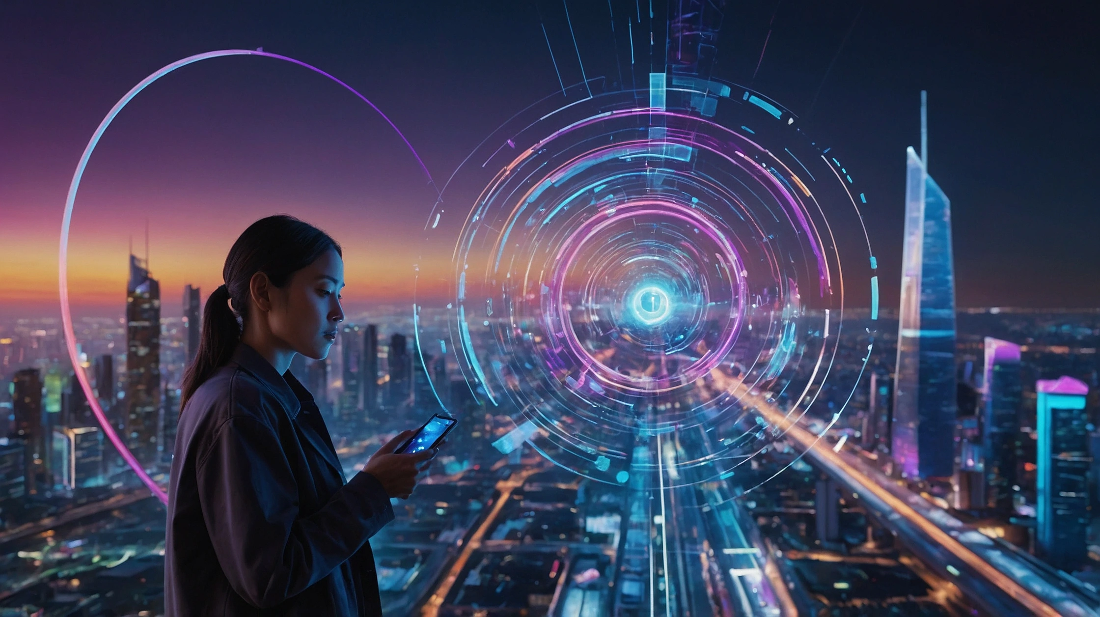 Cinematic digital artwork representing the concept of 5G connectivity. A cityscape glowing at dusk or night, with vivid streams of colorful data light (blues, purples, electric white) moving through the air like high-speed highways—linking smartphones, smart cars, drones, and digital billboards. In the foreground, a person holding a glowing phone, surrounded by subtle ripple effects and light particles showing instant data transfer. The atmosphere feels fast, clean, and powerful, with a slightly futuristic tech aesthetic. Add holographic overlays, abstract signal waves, and softly glowing antenna towers or satellites in the distance. The composition should evoke speed, responsiveness, and seamless connection. Style: semi-realistic with cinematic lighting and motion energy. The teck. making hyper casual gaming posible in 2025