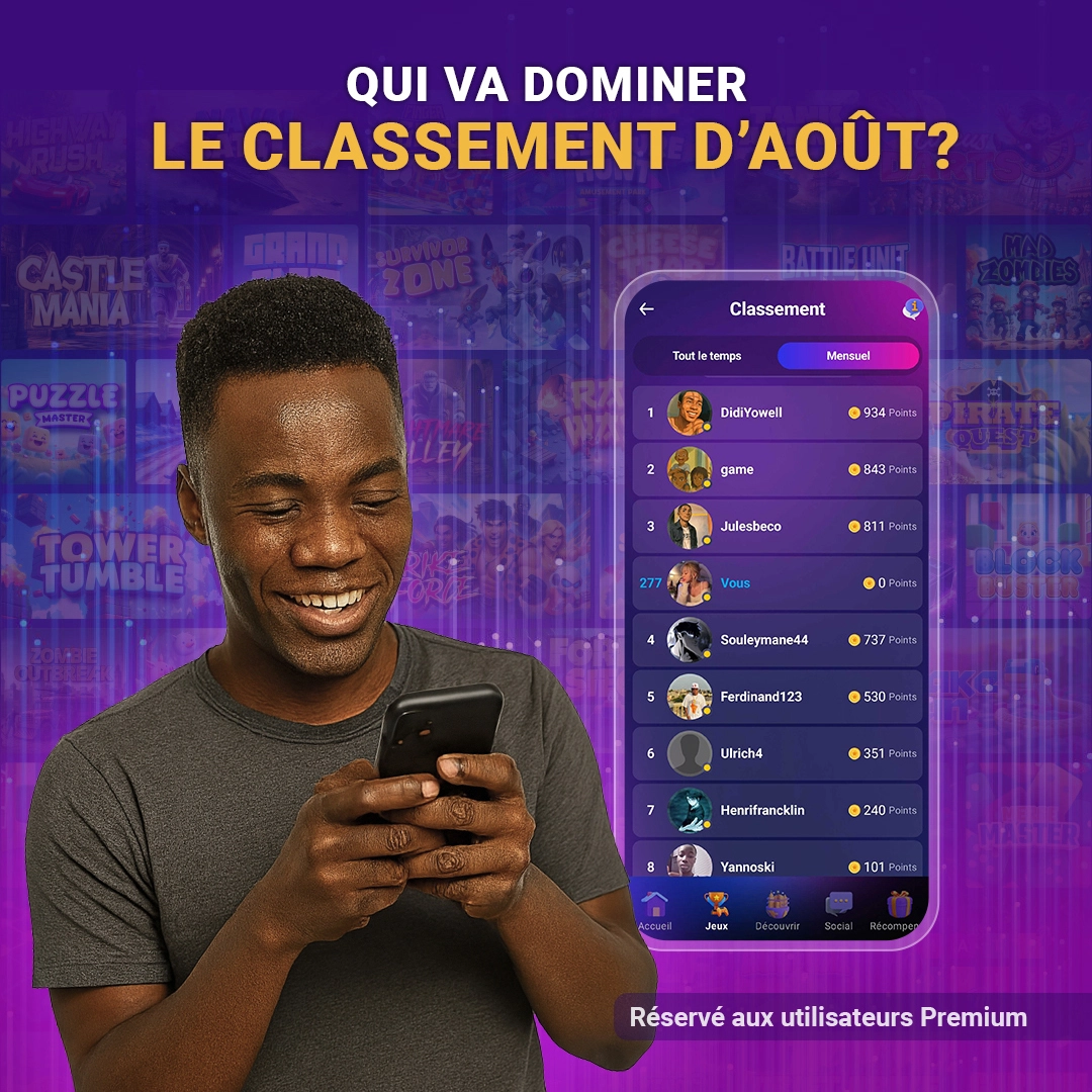 Exscape, la plateforme de jeux mobiles 2025. Jouez à 120+ jeux instantanés, grimpez dans les classements et gagnez de vrais prix.