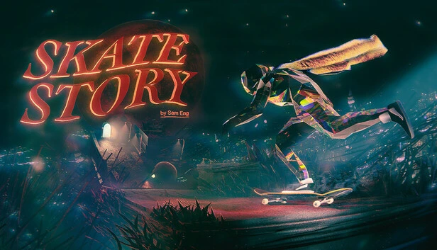  Skate Story gameplay screenshot showing a glass demon skating through surreal neon landscapes in 2025 indie game.