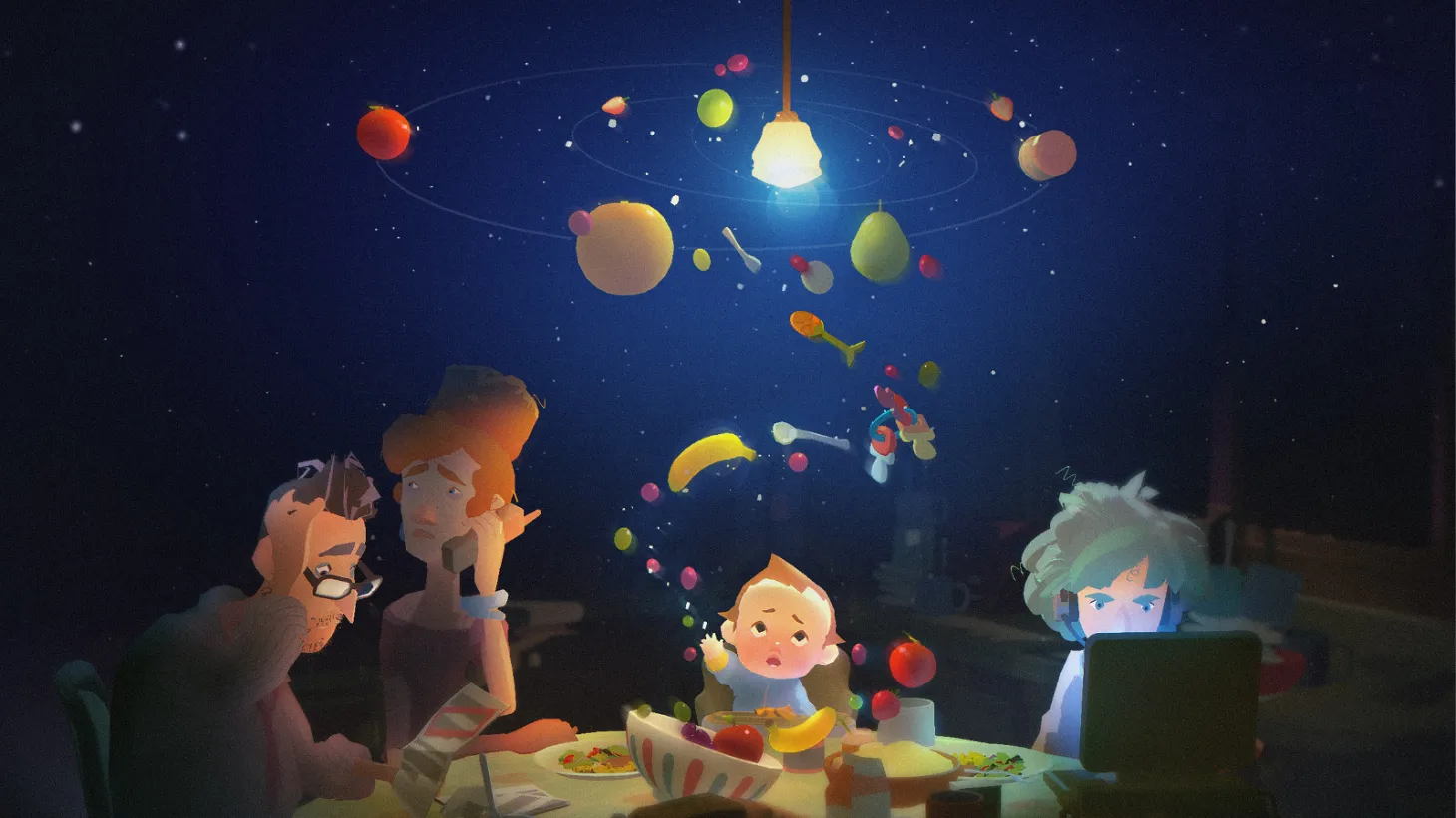 Goodnight Universe first-person adventure screenshot showing a baby protagonist with psychic powers exploring a dreamlike home.