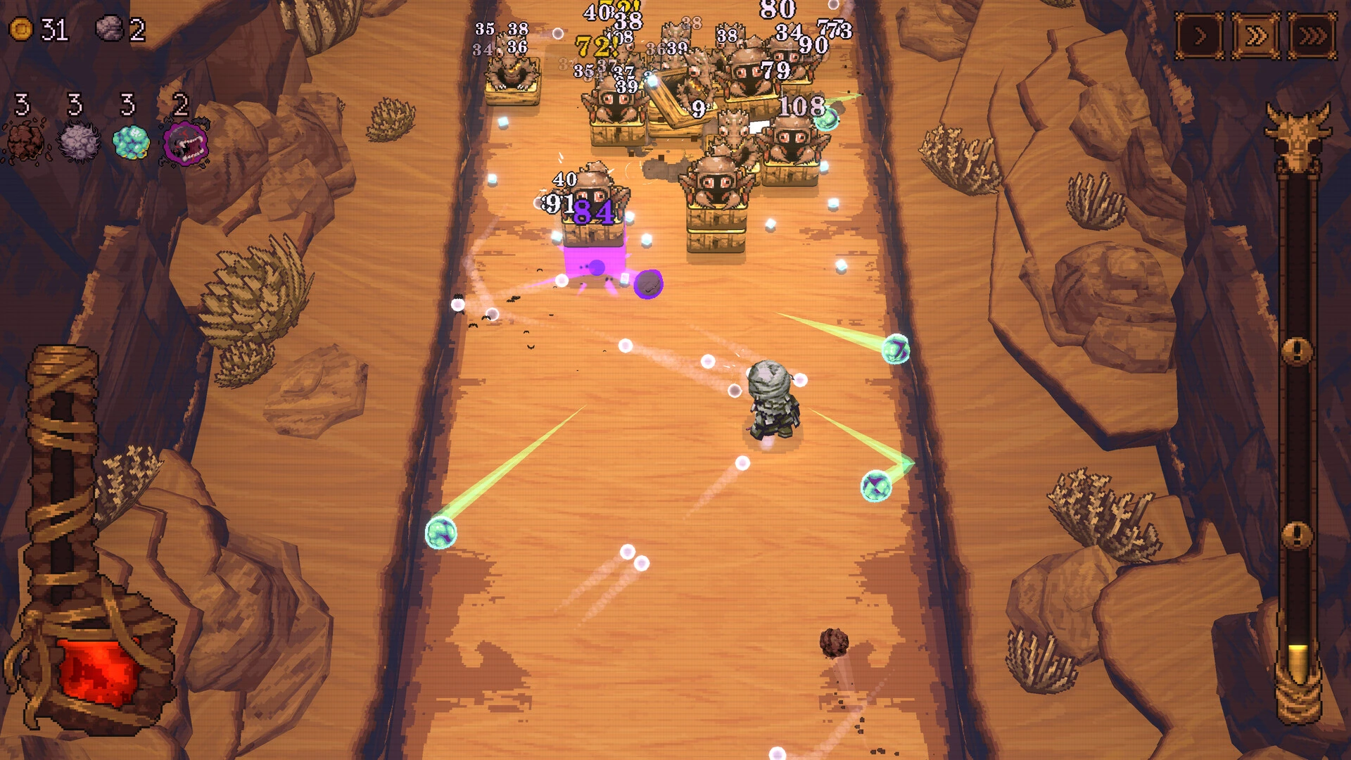 Ball x Pit fast-paced bullet-hell roguelite screenshot showing chaotic action and glowing magical projectiles.